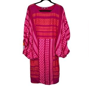 Just Bellina Pink Muliprint Boho Beaded Oversized Sleeves Tassle Ties Size XS